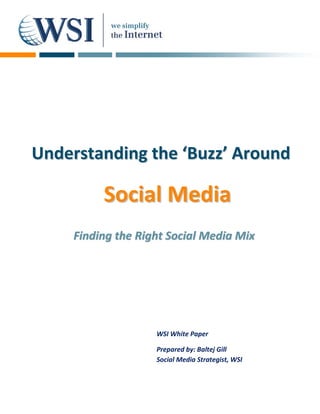 Understanding the ‘Buzz’ Around

          Social Media
     Finding the Right Social Media Mix




                    WSI White Paper

                    Prepared by: Baltej Gill
                    Social Media Strategist, WSI
 
