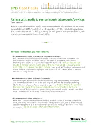 IPB Fast Facts
ThomasNet’s Industrial Purchasing Barometer (IPB) arms industrial companies with insights about
industrial buyers to help them understand the needs of these buyers and grow their businesses.




Using social media to source industrial products/services
 IPB July 2011

Buyers of industrial products and/or services responded to this IPB via an online survey
conducted in July 2011. Nearly 9 out of 10 respondents (89.8%) included those with job
functions in engineering (26.1%), purchasing (24.3%), general management (25.4%), and
manufacturing/production/operations (14.0%).




Here are the fast facts you need to know:

 • Buyers use social media to research products and services…
   Exactly one quarter (25%) of industrial buyers turn to the professional networking site
   LinkedIn when sourcing industrial products and services. In addition, 11.8% found
   market-specific forums to be useful resources. One buyer said, “Social media has
  made it easier to see more about the services and tools available
  and help us to make our purchases.” Nearly half (46%) of buyers who responded
  advise potential suppliers looking to gain new business to use LinkedIn, while 39% would
  recommend using forums.


 • Buyers use social media to research companies…
   When looking for more information about a company they are considering buying from,
   21% indentified LinkedIn as one of the tools they use. Forums are also popular among
   12.3% of industrial buyers. As one respondent reported, “Social media helps me
  familiarize myself with a company before committing to them.”
  Another stated, “By looking for companies through contacts of contacts I already have, I feel
  more confident about establishing a relationship with a new supplier.”


 • Buyers use social media frequently…
   More than 63% of survey respondents indicated that they use social media at least once a
   week, and nearly half use these tools multiple times per week. And, 55% of those who use
   social media spend 10 to 20 minutes or more per session. One buyer described social media
   as providing “quick access to timely information.”




http://promoteyourbusiness.thomasnet.com
 