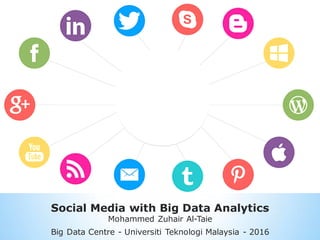 Social Media with Big Data Analytics
Mohammed Zuhair Al-Taie
Big Data Centre - Universiti Teknologi Malaysia - 2016
 