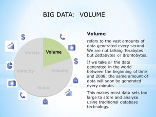 Volume
refers to the vast amounts of
data generated every second.
We are not talking Terabytes
but Zettabytes or Brontobytes.
If we take all the data
generated in the world
between the beginning of time
and 2008, the same amount of
data will soon be generated
every minute.
This makes most data sets too
large to store and analyse
using traditional database
technology.
Variety
Veracity
Value
BIG DATA: VOLUME
 