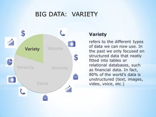 Variety
Veracity
Value
Variety
refers to the different types
of data we can now use. In
the past we only focused on
structured data that neatly
fitted into tables or
relational databases, such
as financial data. In fact,
80% of the world’s data is
unstructured (text, images,
video, voice, etc.)
BIG DATA: VARIETY
 