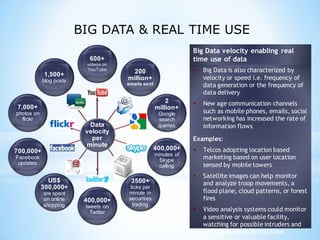  Big Data is also characterized by
velocity or speed i.e. frequency of
data generation or the frequency of
data delivery
 New age communication channels
such as mobile phones, emails, social
networking has increased the rate of
information flows
Examples:
 Telcos adopting location based
marketing based on user location
sensed by mobile towers
 Satellite images can help monitor
and analyze troop movements, a
flood plane, cloud patterns, or forest
fires
 Video analysis systems could monitor
a sensitive or valuable facility,
watching for possible intruders and
alert authorities in real time
Big Data velocity enabling real
time use of data
Data
velocity
per
minute
600+
videos on
YouTube
200
million+
emails sent
2
million+
Google
search
queries
400,000+
minutes of
Skype
calling
400,000+
tweets on
Twitter
US$
300,000+
are spent
on online
shopping
700,000+
Facebook
updates
7,000+
photos on
flickr
1,500+
blog posts
3500+
ticks per
minute in
securities
trading
BIG DATA & REAL TIME USE
 