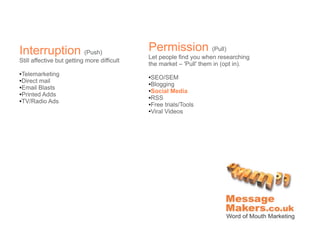 Interruption (Push)                          Permission (Pull)
                                             Let people find you when researching
Still affective but getting more difficult
                                             the market – 'Pull' them in (opt in).
●Telemarketing                               ●SEO/SEM
●Direct mail
●Email Blasts
                                             ●Blogging
                                             ●Social Media
●Printed Adds
                                             ●RSS
●TV/Radio Ads
                                             ●Free trials/Tools

                                             ●Viral Videos
 