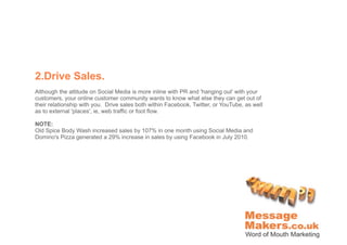 2.Drive Sales.
Although the attitude on Social Media is more inline with PR and 'hanging out' with your
customers, your online customer community wants to know what else they can get out of
their relationship with you. Drive sales both within Facebook, Twitter, or YouTube, as well
as to external 'places', ie, web traffic or foot flow.

NOTE:
Old Spice Body Wash increased sales by 107% in one month using Social Media and
Domino's Pizza generated a 29% increase in sales by using Facebook in July 2010.
 