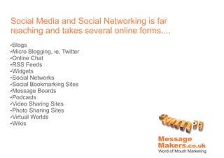 Social Media and Social Networking is far
reaching and takes several online forms....
✔Blogs
✔Micro Blogging, ie, Twitter

✔Online Chat

✔RSS Feeds

✔Widgets

✔Social Networks

✔Social Bookmarking Sites

✔Message Boards

✔Podcasts

✔Video Sharing Sites

✔Photo Sharing Sites

✔Virtual Worlds

✔Wikis
 