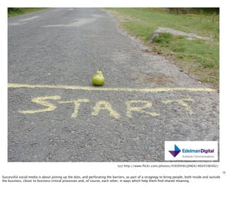 (cc) http://www.ﬂickr.com/photos/45699481@N04/4664596482/

                                                                                                                                                      12
Successful social media is about joining up the dots, and perforating the barriers, as part of a stragtegy to bring people, both inside and outside
the business, closer to business critical processes and, of course, each other, in ways which help them ﬁnd shared meaning.
 