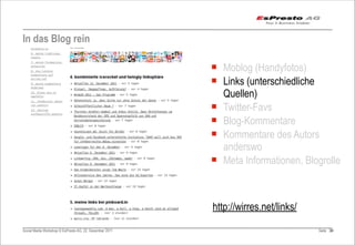 In das Blog rein

                                                         ¡ Moblog (Handyfotos)
                                                         ¡ Links (unterschiedliche
                                                            Quellen)
                                                         ¡ Twitter-Favs
                                                         ¡ Blog-Kommentare
                                                         ¡ Kommentare des Autors
                                                            anderswo
                                                         ¡ Meta Informationen, Blogrolle



                                                         http://wirres.net/links/
Social Media Workshop © EsPresto AG, 22. Dezember 2011                              Seite 34
                                                                                           34
 