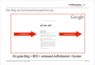 Das Blog als Suchmaschinenoptimierung




                              In das Blog rein           Aus dem Blog raus




               Ein gutes Blog = SEO = verbessert Auffindbarkeit = Kunden
Social Media Workshop © EsPresto AG, 22. Dezember 2011                       Seite 39
 