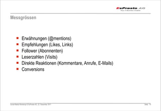 Messgrössen



       ¡      Erwähnungen (@mentions)
       ¡      Empfehlungen (Likes, Links)
       ¡      Follower (Abonnenten)
       ¡      Leserzahlen (Visits)
       ¡      Direkte Reaktionen (Kommentare, Anrufe, E-Mails)
       ¡      Conversions




Social Media Workshop © EsPresto AG, 22. Dezember 2011            Seite 74
 
