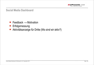 Social Media Dashboard



       ¡ Feedback → Motivation
       ¡ Erfolgsmessung
       ¡ Aktivitätsanzeige für Dritte (Wo sind wir aktiv?)




Social Media Workshop © EsPresto AG, 22. Dezember 2011        Seite 88
 