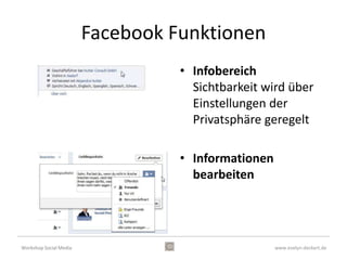 Links, Quellen
• Schritt für Schritt Anleitung
  bit.ly/vZsr3w
• Social Media Konzept Vorlage
  bit.ly/Sy4QhF
• Bitkom Leitfaden Social Media (2. Aufl.)
  bit.ly/T87t8S
• Bitkom Social Media Guidelines
  bit.ly/T8vfrM
• Sammlung von deutschen Social Media
  Guidelines
  bit.ly/opHiAw
Workshop Social Media                        www.evelyn-deckert.de
 