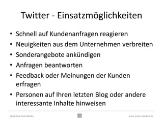 Facebook Lexikon
• share

     Ähnlich zu "liken" kann, kann man auch alles
     teilen (engl. share). Wenn mir auf Facebook
     etwas gefällt und ich auf teilen
     klicke, erscheint ein Beitrag auf meiner
     Pinnwand. Dann sehen ihn meine Freunde
     und wenn die das wiederum teilen, sehen es
     die Freunde meiner Freunde.
Workshop Social Media                      www.evelyn-deckert.de
 