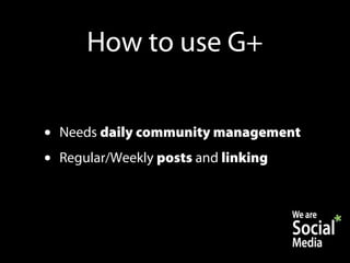 How to use G+


•   Needs daily community management
•   Regular/Weekly posts and linking
 
