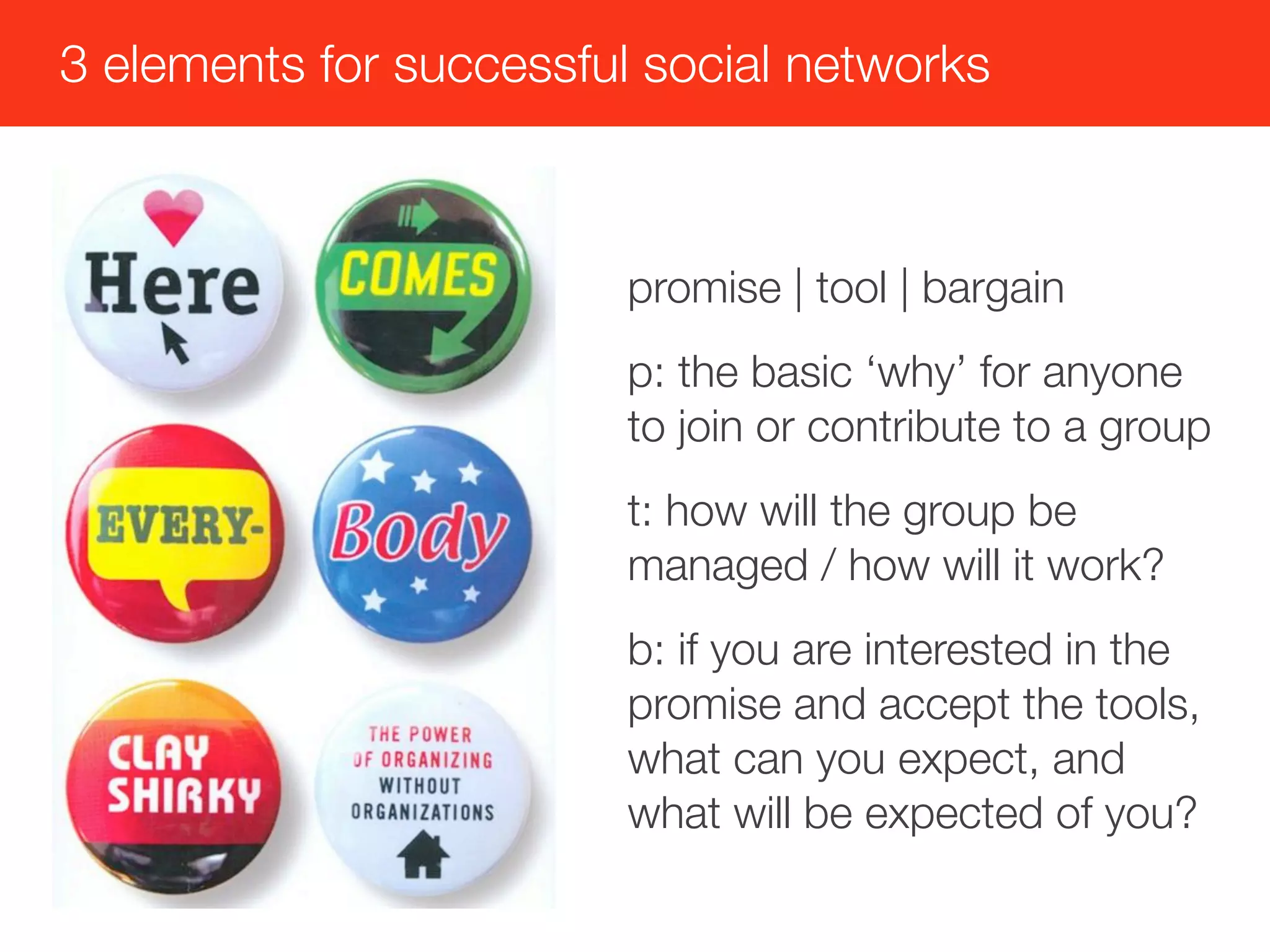 3 elements for successful social networks



                         promise | tool | bargain
                         p: the basic ‘why’ for anyone
                         to join or contribute to a group
                         t: how will the group be
                         managed / how will it work?
                         b: if you are interested in the
                         promise and accept the tools,
                         what can you expect, and
                         what will be expected of you?
 