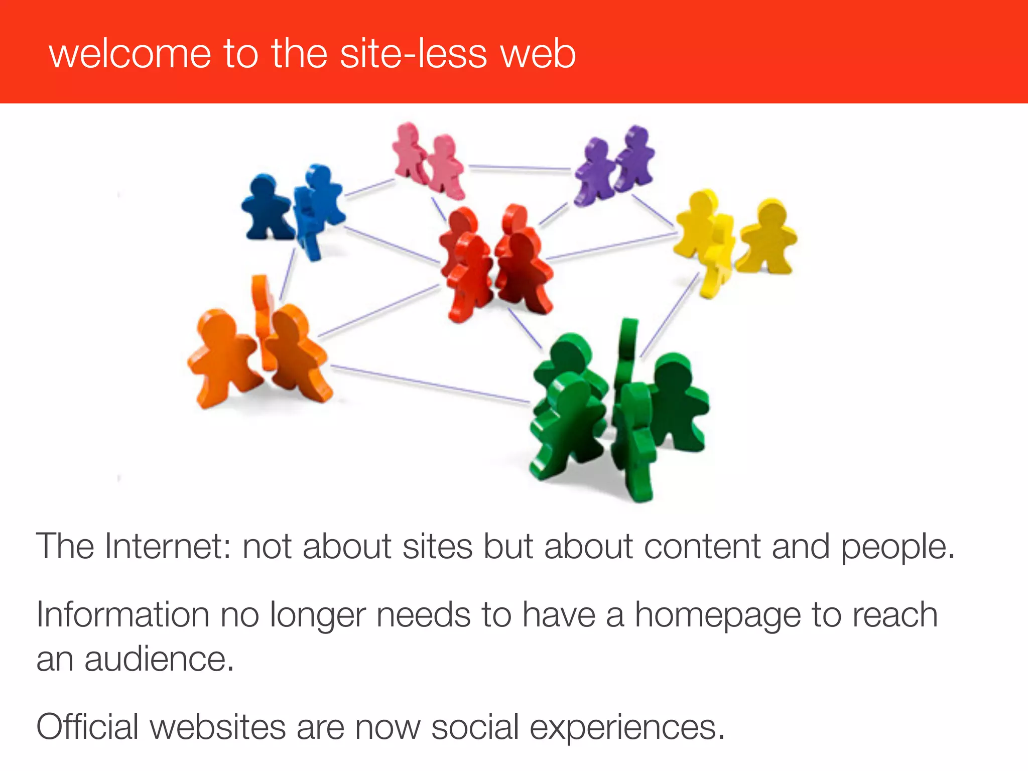 welcome to the site-less web




The Internet: not about sites but about content and people.
Information no longer needs to have a homepage to reach
an audience.
Ofﬁcial websites are now social experiences.
 