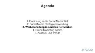 Agenda
1. Einführung in die Social Media Welt
2. Social Media Strategieentwicklung
3. Werbeschaltung in sozialen Netzwerken
4. Online Marketing Basics
5. Ausblick und Trends
 