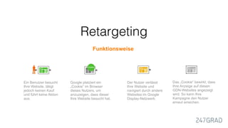 RetargetingRetargeting
Funktionsweise
Ein Benutzer besucht
Ihre Website, tätigt
jedoch keinen Kauf
und führt keine Aktion
aus.
Google platziert ein
„Cookie“ im Browser
dieses Nutzers, um
anzuzeigen, dass dieser
Ihre Website besucht hat.
Der Nutzer verlässt
Ihre Website und
navigiert durch andere
Websites im Google
Display-Netzwerk.
Das „Cookie“ bewirkt, dass
Ihre Anzeige auf diesen
GDN-Websites angezeigt
wird. So kann Ihre
Kampagne den Nutzer
erneut erreichen.
 