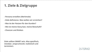 1. Ziele & Zielgruppe
- Persona erstellen (Merkmale)
- Ziele deﬁnieren. Was wollen wir erreichen?
- Was ist der Nutzen für den Kunden?
- Wie ist meine Story bzw. meine Botschaft?
- Chancen und Risiken
Ziele sollten SMART sein. Also speziﬁsch,
messbar, anspruchsvoll, realistisch und
terminiert.
 