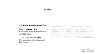 • Alle Kennzahlen an einem Ort.
• Sowohl interne KPIs
(Reaktionszeiten, beantwortete
Anfrage, usw.) …
• … als auch externe KPIs
(Fanzuwachs, Interaktionsrate,
Reichweite, …)
Analyse
 