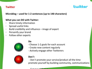 Twitter <ul><li>Microblog – used for 1-2 sentences (up to 140 characters) </li></ul><ul><li>What you can DO with Twitter: ...