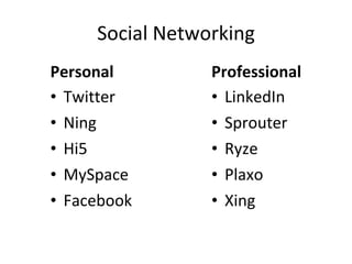 Social Networking Personal Twitter Ning Hi5 MySpace Facebook Professional LinkedIn Sprouter Ryze Plaxo Xing 