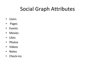 Social Graph Attributes Users Pages Events Movies  Likes  Photos Videos Notes Check-ins 