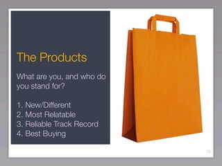 The Products
What are you, and who do
you stand for?

1. New/Different
2. Most Relatable
3. Reliable Track Record
4. Best Buying

                           73
 