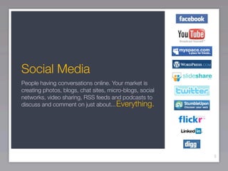 Social Media
People having conversations online. Your market is
creating photos, blogs, chat sites, micro-blogs, social
networks, video sharing, RSS feeds and podcasts to
discuss and comment on just about... Everything.




                                                          3
 