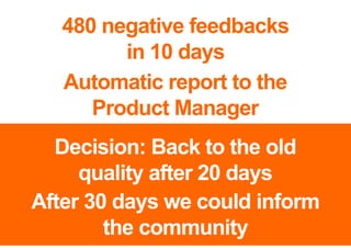 480 negative feedbacks
         in 10 days
   Automatic report to the
      Product Manager
  Decision: Back to the old
     quality after 20 days
After 30 days we could inform
        the community
 