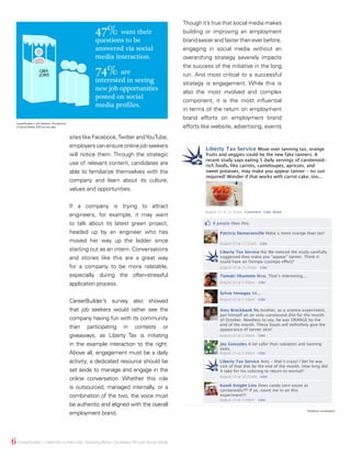 sites like Facebook,Twitter andYouTube,
employers can ensure online job seekers
will notice them. Through the strategic
use of relevant content, candidates are
able to familiarize themselves with the
company and learn about its culture,
values and opportunities.
If a company is trying to attract
engineers, for example, it may want
to talk about its latest green project,
headed up by an engineer who has
moved her way up the ladder since
starting out as an intern. Conversations
and stories like this are a great way
for a company to be more relatable,
especially during the often-stressful
application process.
CareerBuilder’s survey also showed
that job seekers would rather see the
company having fun with its community
than participating in contests or
giveaways, as Liberty Tax is initiating
in the example interaction to the right.
Above all, engagement must be a daily
activity; a dedicated resource should be
set aside to manage and engage in the
online conversation. Whether this role
is outsourced, managed internally, or a
combination of the two, the voice must
be authentic and aligned with the overall
employment brand.
Though it’s true that social media makes
building or improving an employment
brandeasierandfasterthaneverbefore,
engaging in social media without an
overarching strategy severely impacts
the success of the initiative in the long
run. And most critical to a successful
strategy is engagement. While this is
also the most involved and complex
component, it is the most influential
in terms of the return on employment
brand efforts on employment brand
efforts like website, advertising, events
Facebook conversation
8 people likes this.
Liberty Tax Service Move over tanning tax, orange
fruits and veggies could be the new fake tanners. A
recent study says eating 5 daily servings of carotenoid-
rich foods, like carrots, canteloupes, apricots, and
sweet potatoes, may make you appear tanner - no sun
required! Wonder if that works with carrot cake, too...
Patricia Demoranville Make u more orange than tan!
Tamaki Okamoto Wow, That’s interesting...
Amy Brockbank My brother, as a science experiment,
put himself on an only-carotenoid diet for the month
of October. Needless to say, he was ORANGE by the
end of the month. These foods will definiltely give the
appearance of tanner skin!
Liberty Tax Service Ha! We noticed the study carefully
suggested they make you “appear” tanner. Think it
could have an Oompa-Loompa effect?
Liberty Tax Service Amy - that’s crazy! I bet he was
sick of that diet by the end of the month. How long did
it take for his coloring to return to normal?
Sylvie Venegas lol...
Joy Gonzales A lot safer than radiation and tanning
beds.
Kandi Knight Lins Does candy corn count as
carotenoids??? If so, count me in on this
experiment!!!
August 22 at 11:25am Comment Like Share
August 22 at 11:47am Like
August 22 at 1:03pm Like
August 22 at 1:14pm Like
August 23 at 2:44pm Like
August 23 at 2:44pm Like
August 24 at 10:25pm Like
August 22 at 1:56pm Like
August 22 at 11:31am Like
6 CareerBuilder | IWantYou toWant Me: Attracting Better CandidatesThrough Social Media
Q&A
JOBS
47% want their
questions to be
answered via social
media interaction.
74% are
interested in seeing
new job opportunities
posted on social
media profiles.
CareerBuilder’s Job Seekers’ Perceptions
of Social Media 2010 survey data
 