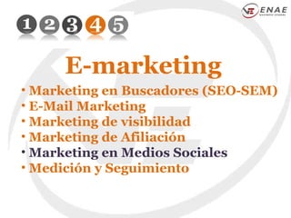 E-marketing <ul><li>Marketing en Buscadores (SEO-SEM) </li></ul><ul><li>E-Mail Marketing </li></ul><ul><li>Marketing de vi...