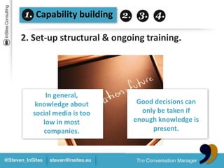 Capability building2. Set-up structural & ongoing training.In general, knowledgeaboutsocial media is too low in most companies.Gooddecisionscanonlybe taken ifenoughknowledge is present.