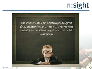 Das Wissen, das die Leistungsfähigkeit
eines Unternehmens durch die Förderung
sozialer Interaktionen gesteigert wird ist
nicht neu.
© N:Sight Research GmbH
 