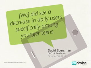 d see a
We] di
[
users
in daily
rease
dec
among
iﬁcally
spec
eens.
unger t
yo
David Ebersman
CFO of Facebook
October 30, 2013
Source: Facebook earnings call, October 30, 2013

 