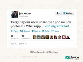 CEO and founder of WhatsApp
Source: https://twitter.com/jankoum/status/394259718606053376, October 2013

 