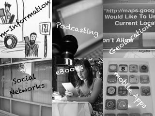 Step towards digital
lecture room
m
-Inform
ation
Podcasting
G
eolocation
Social  
Networks
eBooks
m
obile
Apps
 