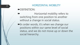 HORIZONTAL MOBILITY
DEFINITION:
 Horizontal mobility refers to
switching from one position to another
without a change in social status.
In order words, it's when we change our
positions within our same level of social
status, and we do not move up or down the
social hierarchy.
13
 
