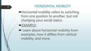 HORIZONTAL MOBILITY
Horizontal mobility refers to switching
from one position to another, but not
changing your social status.
EXAMPLE:
 Learn about horizontal mobility from
examples, how it differs from vertical
mobility, and more.
14
 