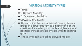 VERTICAL MOBILITY TYPES
TYPES:
1: Upward Mobility
 2: Downward Mobility
UPWARD MOBILITY:
 Upwards involves an individual moving from a
group in a lower stratum to a higher one or the
creation of a similar group with a higher societal
position, instead of side by side with its existing
group
 Those who gain are called upward mobile.
19
 