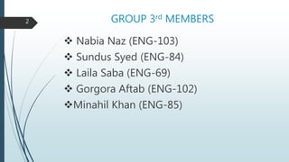 GROUP 3rd MEMBERS
 Nabia Naz (ENG-103)
 Sundus Syed (ENG-84)
 Laila Saba (ENG-69)
 Gorgora Aftab (ENG-102)
Minahil Khan (ENG-85)
2
 