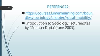 REFERENCES
https://courses.lumenlearning.com/boun
dless-sociology/chapter/social-mobility/
 Introduction to Sociology lecturenotes
by “Zerihun Doda”(June 2005).
32
 