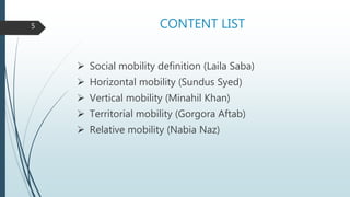 CONTENT LIST
 Social mobility definition (Laila Saba)
 Horizontal mobility (Sundus Syed)
 Vertical mobility (Minahil Khan)
 Territorial mobility (Gorgora Aftab)
 Relative mobility (Nabia Naz)
5
 