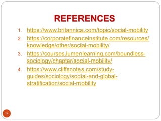 REFERENCES
1. https://www.britannica.com/topic/social-mobility
2. https://corporatefinanceinstitute.com/resources/
knowledge/other/social-mobility/
3. https://courses.lumenlearning.com/boundless-
sociology/chapter/social-mobility/
4. https://www.cliffsnotes.com/study-
guides/sociology/social-and-global-
stratification/social-mobility
14
 