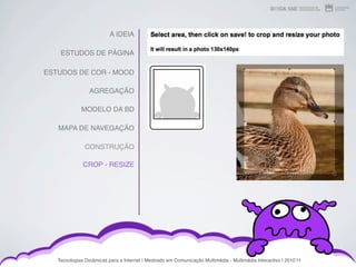 A IDEIA

    ESTUDOS DE PÁGINA

ESTUDOS DE COR - MOOD

                 AGREGAÇÃO

             MODELO DA BD

   MAPA DE NAVEGAÇÃO

               CONSTRUÇÃO

              CROP - RESIZE




   Tecnologias Dinâmicas para a Internet | Mestrado em Comunicação Multimédia - Multimédia Interactivo | 2010ʼ11
 