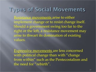 Resistance movements arise to either
implement change or to resist change itself.
Should a government swing too far to the
right or the left, a resistance movement may
arise to thwart its domination of existing
values.
Expressive movements are less concerned
with political change than with “change
from within” such as the Pentecostalism and
the need for “rebirth”.
17

 