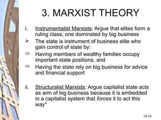 Copyright©2011byNelsonEducationLtd
18-14
3. MARXIST THEORY
i. Instrumentalist Marxists: Argue that elites form a
ruling class, one dominated by big business
 The state is instrument of business elite who
gain control of state by:
 Having members of wealthy families occupy
important state positions, and
 Having the state rely on big business for advice
and financial support
ii. Structuralist Marxists: Argue capitalist state acts
as arm of big business because it is embedded
in a capitalist system that forces it to act this
way*
 