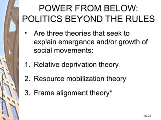 Copyright©2011byNelsonEducationLtd
18-22
POWER FROM BELOW:
POLITICS BEYOND THE RULES
• Are three theories that seek to
explain emergence and/or growth of
social movements:
1. Relative deprivation theory
2. Resource mobilization theory
3. Frame alignment theory*
 