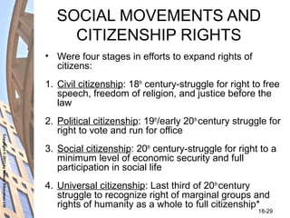 Copyright©2011byNelsonEducationLtd
18-29
SOCIAL MOVEMENTS AND
CITIZENSHIP RIGHTS
• Were four stages in efforts to expand rights of
citizens:
1. Civil citizenship: 18th
century-struggle for right to free
speech, freedom of religion, and justice before the
law
2. Political citizenship: 19th
/early 20th-
century struggle for
right to vote and run for office
3. Social citizenship: 20th
century-struggle for right to a
minimum level of economic security and full
participation in social life
4. Universal citizenship: Last third of 20th-
century
struggle to recognize right of marginal groups and
rights of humanity as a whole to full citizenship*
 