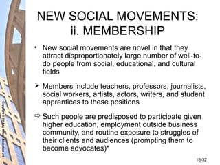 Copyright©2011byNelsonEducationLtd
18-32
NEW SOCIAL MOVEMENTS:
ii. MEMBERSHIP
• New social movements are novel in that they
attract disproportionately large number of well-to-
do people from social, educational, and cultural
fields
 Members include teachers, professors, journalists,
social workers, artists, actors, writers, and student
apprentices to these positions
Such people are predisposed to participate given
higher education, employment outside business
community, and routine exposure to struggles of
their clients and audiences (prompting them to
become advocates)*
 