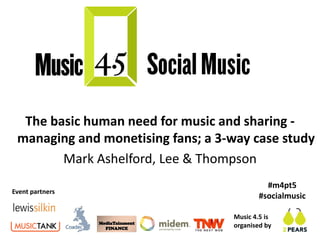 The basic human need for music and sharing -
 managing and monetising fans; a 3-way case study
        Mark Ashelford, Lee & Thompson
                                             #m4pt5
Event partners
                                           #socialmusic

                                   Music 4.5 is
                                   organised by
 